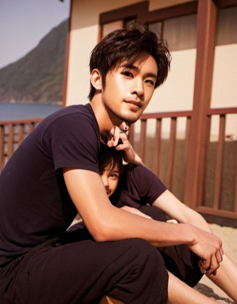 Prompt: A average but good looking Japanese male smiling in a old picture with his mom next to him, the setting is the beach