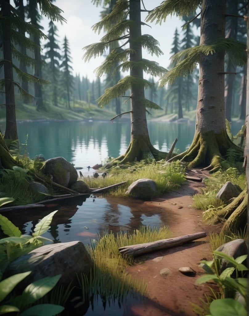 Prompt: a mysterious forest next to a lake, high quality, unreal engine