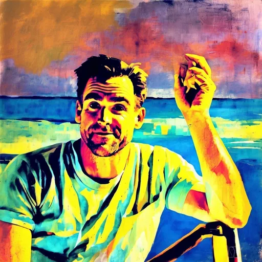 Prompt: Portrait man, fauvism, bright colors expressive brushstrokes, backdrop soft yellow blue gradient, sailboat