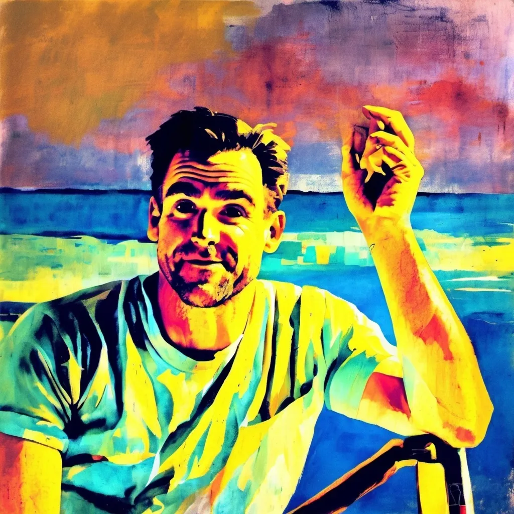 Prompt: Portrait man, fauvism, bright colors expressive brushstrokes, backdrop soft yellow blue gradient, sailboat