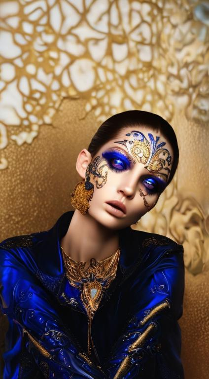 Prompt: Wide image showcasing a visage, intricately decorated with blue electronic patterns, set dramatically against a deep background. Streams of gold light illuminate the metallic texture of the skin, emphasizing the dazzling blue eyeshadow.