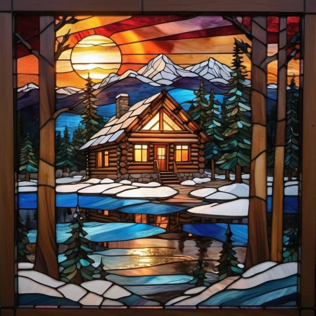 Prompt: Log cabin surrounded by snowy pine trees with a sunset behind mountains 

