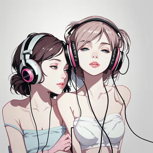 Prompt: Lovers with headphones on connected by the cord


