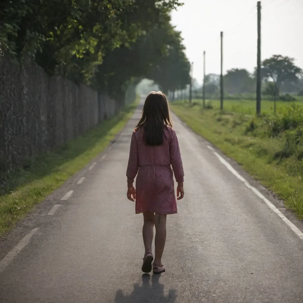 Prompt: a girl walking down a road 