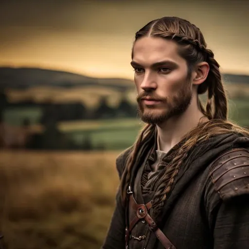 Prompt: portrait of a slender, slightly short, beautiful man with light long and braided hair dressed in men's medieval style hunter. Background is low grassy hills