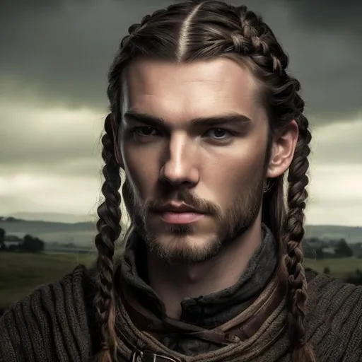 Prompt: portrait of a slender, slightly short, beautiful man with light long and braided hair dressed in men's medieval style hunter. Background is low grassy hills