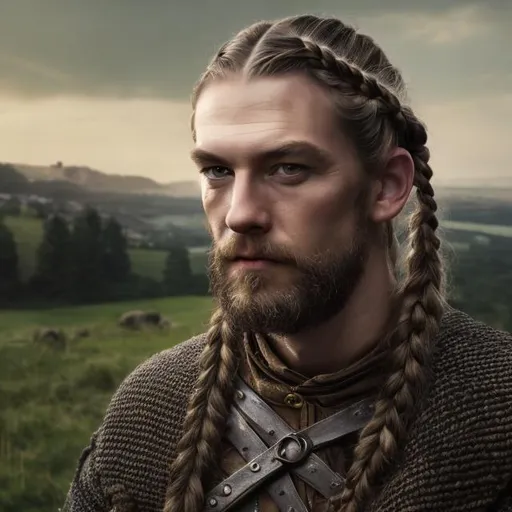 Prompt: portrait of a slender, slightly short, stout man with light long and braided hair dressed in men's medieval style hunter. Background is low grassy hills