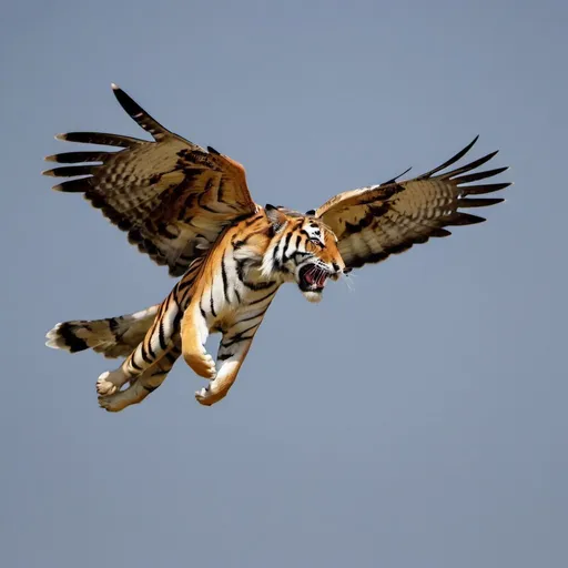 Prompt: Show A tiger's head on a falcon's body in flight