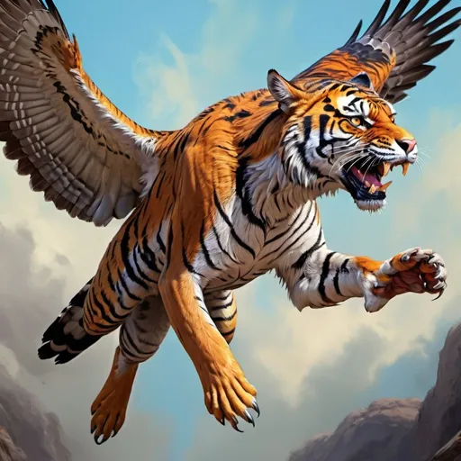 Prompt: Falcon body with a Tiger's head in flight, digital painting, fierce and majestic, high-res, realistic, fantasy, vibrant colors,  detailed feathers, powerful and graceful, artistic, dynamic lighting