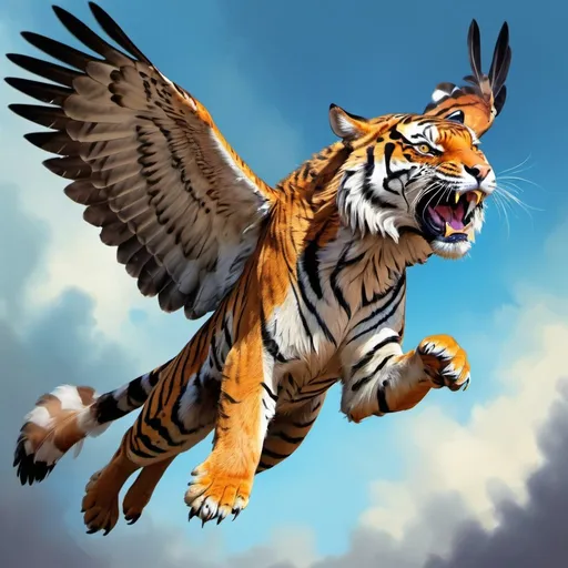 Prompt: Fierce and majestic digital painting of a falcon-bodied tiger in flight, vibrant colors, realistic and high-res, fantasy, detailed feathers, powerful and graceful, artistic, dynamic lighting, realistic, fantasy, vibrant colors, detailed feathers, powerful and graceful, dynamic lighting, falcon-bodied tiger, high-res