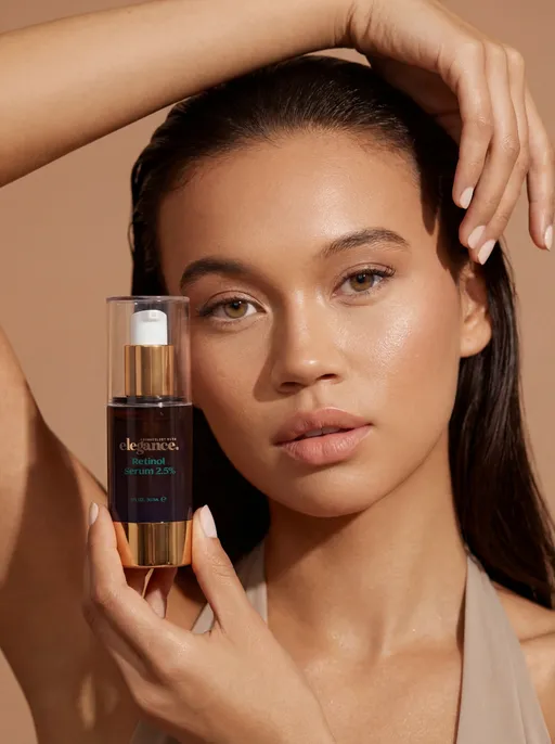 Prompt: Minimalist product shot of a sleek, elegant retinol serum bottle for Elegance with model get rid of thing in the hand 