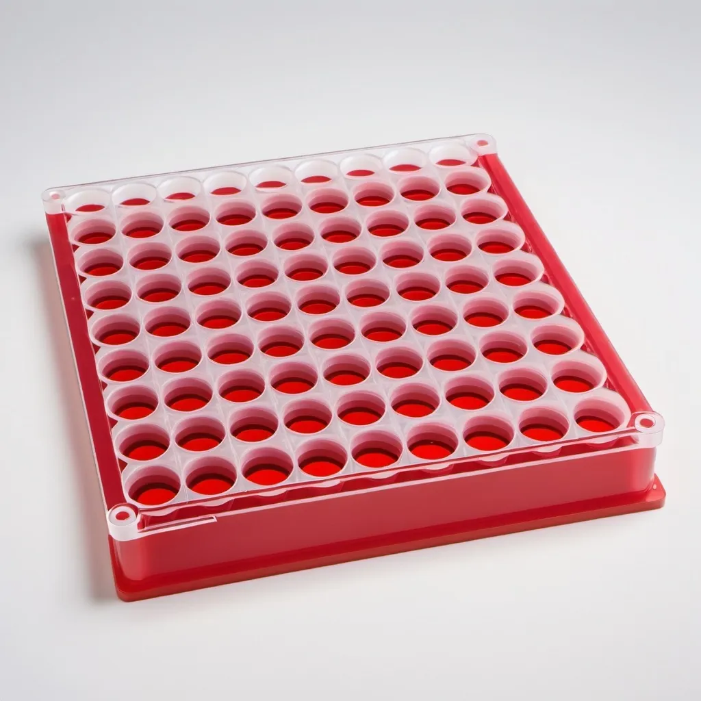 Prompt: 96 well plate fill with red solution, no white background