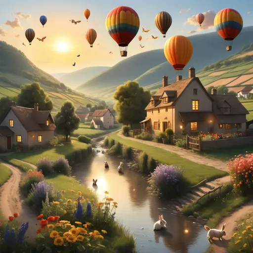 Prompt: a village house in a valley, with a setting sun, with hot air ballons in the distant sky as back drop, a flowing river, flowers along the river, rabbits playing in the fields, puppies chasing butterflies.