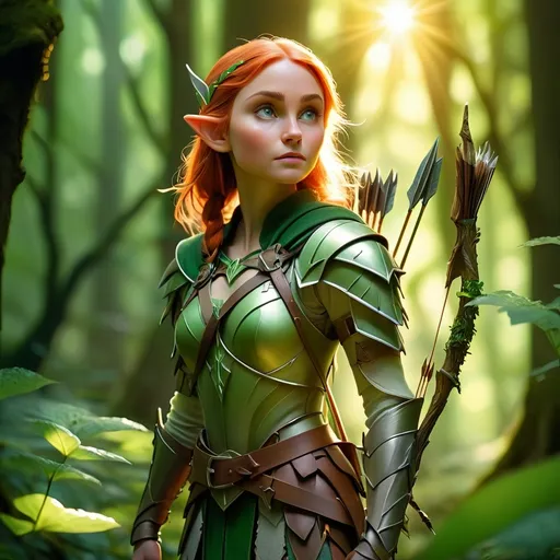 Prompt: Elf ranger in a mystical forest, ethereal sunlight filtering through vibrant green leaves, enchanting shadows, serene atmosphere, wearing delicate armor and a quiver full of arrows, expressive nature around, magical glows, lush, high depth cinematic masterpiece, ultra-detailed, spirituality, tranquility, compelling woodland elements, soft light illuminating the scene.