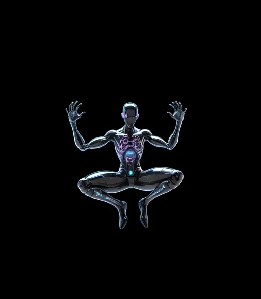 Prompt: transparent man, cyberpunk, goth, visible nervous system, floating in space, gashapon rendering, saturday morning cartoon, dark palette, high-quality, high-resolution, realistic, professional 