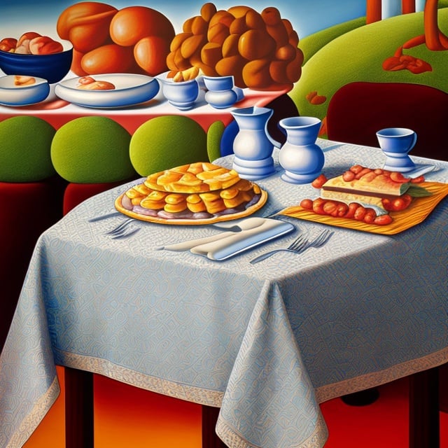 Prompt: patterned tablecloth in fernando botero painting
