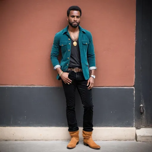 Prompt: Corduroy Jeans & Indian Style Boots On black man