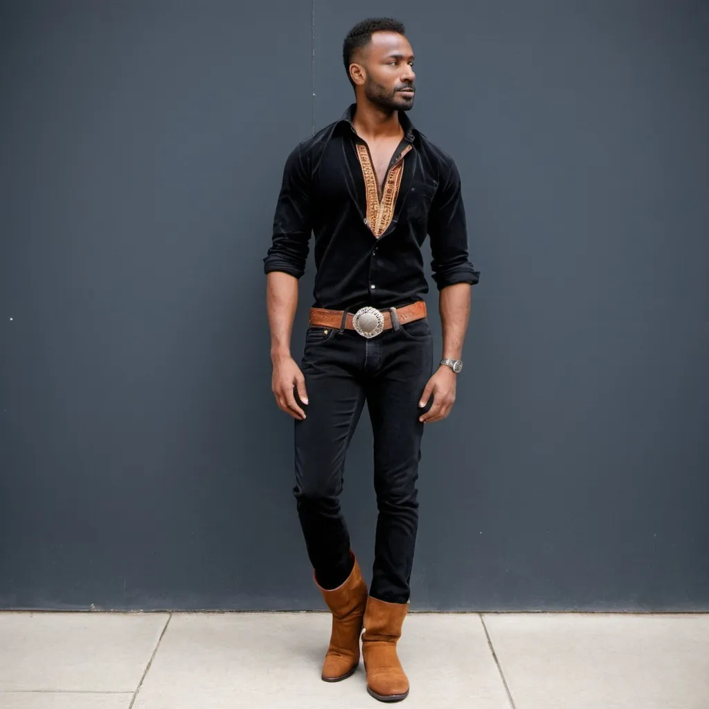 Prompt: Corduroy Jeans & Indian Style Boots On black man