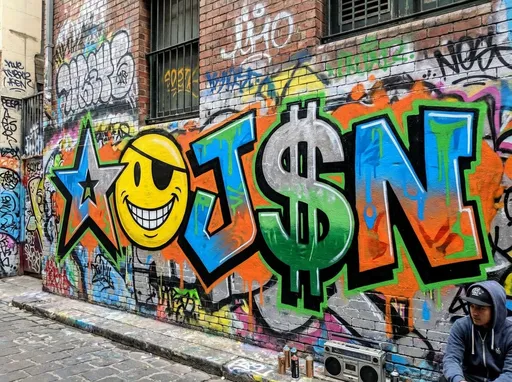 Prompt: A O J S N (A is a half star O is a smiley face J is regular S is a dollar sign N is regular- street hip hop style