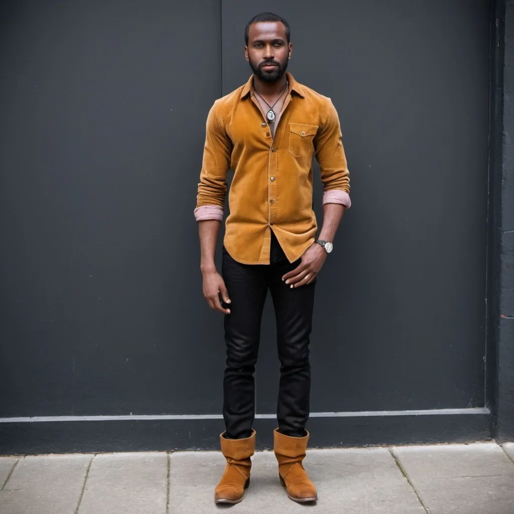 Prompt: Corduroy Jeans & Indian Style Boots On black man