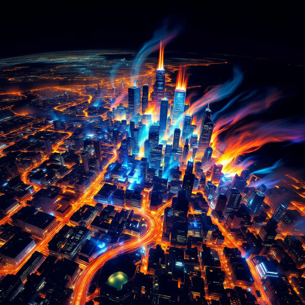Prompt: Chicago on fire satellite view