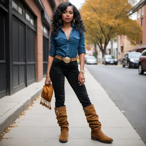 Prompt: Corduroy Jeans & Indian Style Boots On black woman