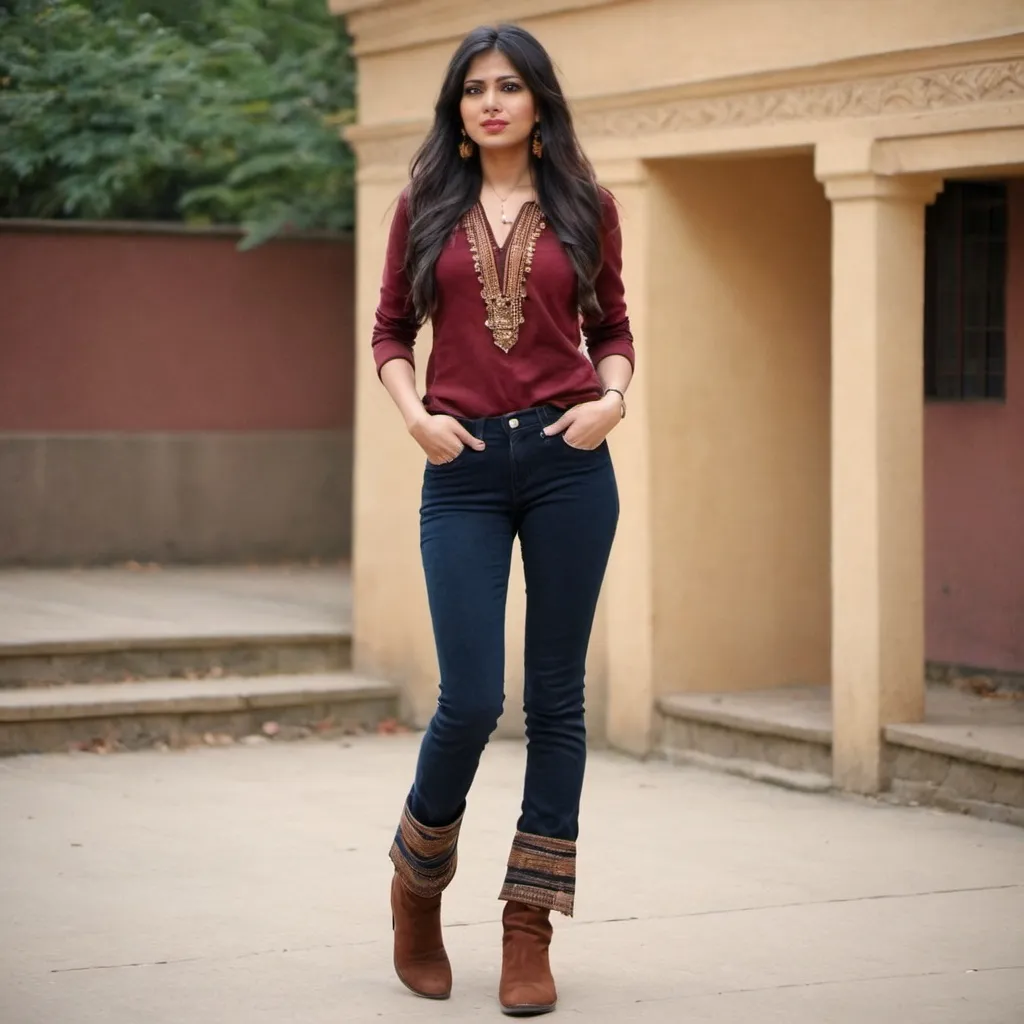 Prompt: Corduroy Jeans & Indian Style Boots On