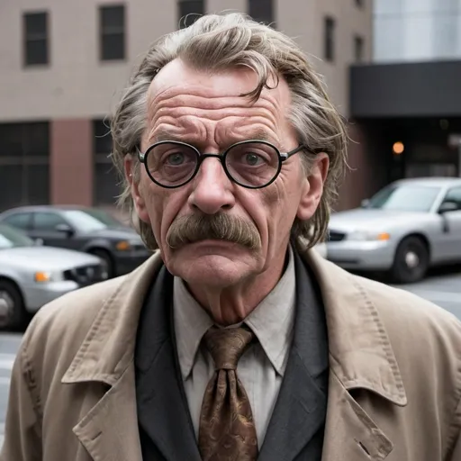 Prompt: A creepy homeless man disguised as Commissioner Gordon