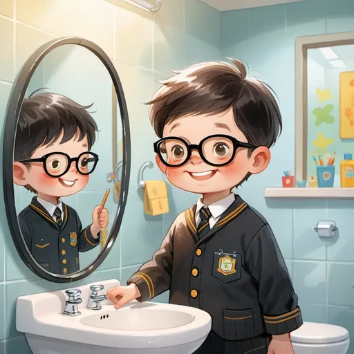 Prompt: "Make a cartoon picture of a 7 year old boy wearing black-rimmed glasses, wearing a school uniform and having short-cropped black hair. Standing in front of a glass mirror with a proud smile on his face. Set the scene in a school toilet."