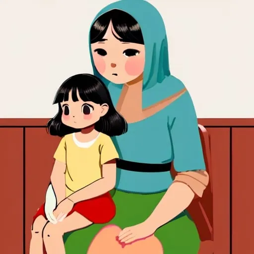 Prompt: citra si anak perempuan usia 5 tahun sedang duduk berdua bersama ibu di ruang keluarga