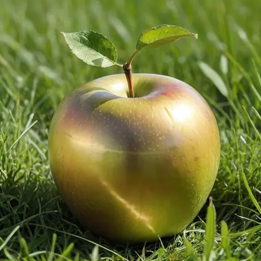 Prompt: A realstic version of the minecraft: Golden apple, it has a green leafy stem and is sat upon summer grass.