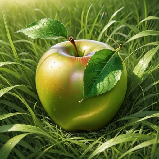 Prompt: Realistic depiction of a golden apple in lush summer grass, hyper-detailed, realistic style, vibrant green leaf, natural lighting, high quality, summer, grass, golden apple, realistic, hyper-realistic, green leaf, natural lighting, vibrant colors, detailed texture, high quality imagery