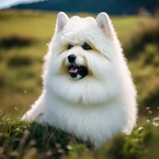 Prompt: Fluffy dog on a grass hill
