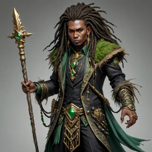 Prompt: black druid with dreads in a black and green suit with gold jewelry and  staff in hand 