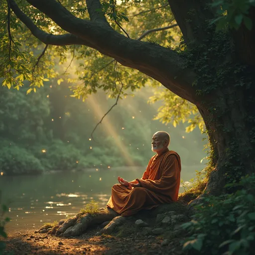 Prompt: A serene old monk in deep meditation under a massive ancient Bodhi tree, golden sunlight filtering through vivid green leaves, a river flowing beside him, symbols of wisdom glowing faintly in the air, ultra-realistic, cinematic lighting, 3D, hyper-detailed, rich colors, ethereal and peaceful atmosphere
