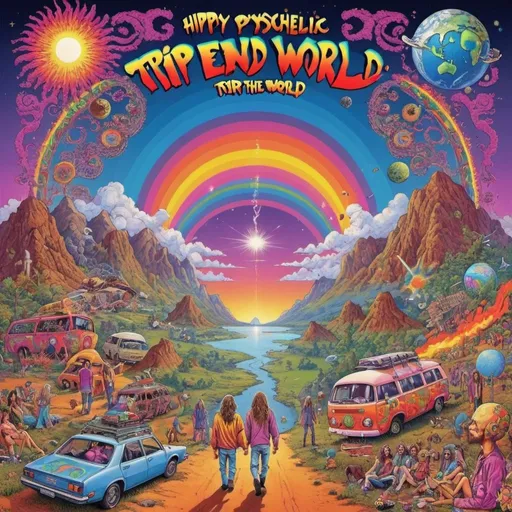 Prompt: Hippy psychelic trip with the end of the world 