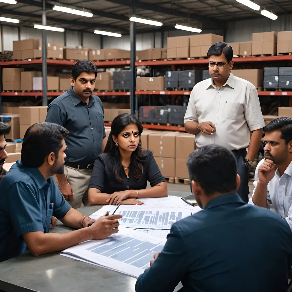 Prompt:  A lady is surrounded by 6 males. It is a group discussion on targets. The background is an automotive parts warehouse. There are tools and graphs lying around. The discussion is intense and stressful. All people are Indians 