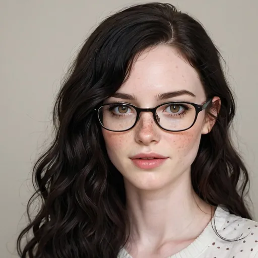 Prompt: make a woman with long, black wavy hair, brown eyes, freckles, pale skin, add eyeliner and glasses