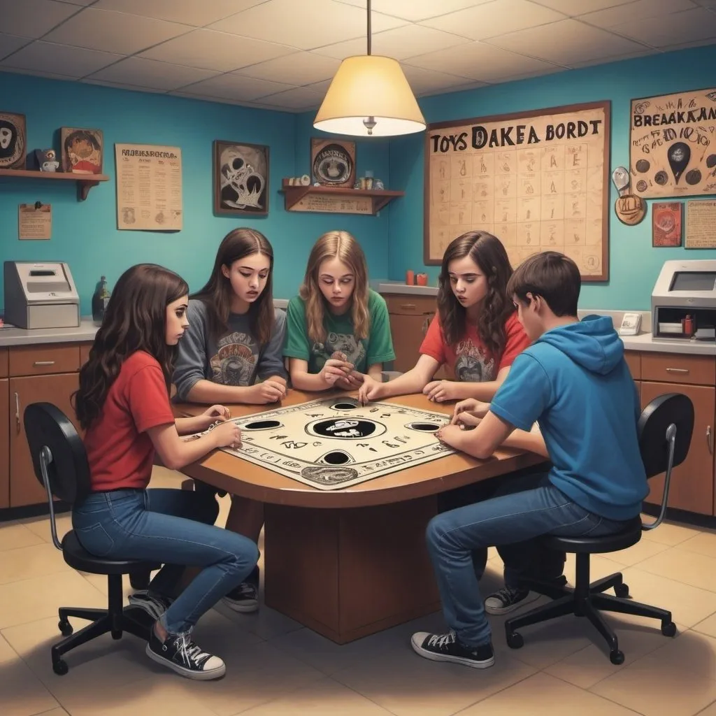 Prompt: a group of teenagers that work at Toys R Us playing a Ouija board in a dank breakroom in cartoonish style
