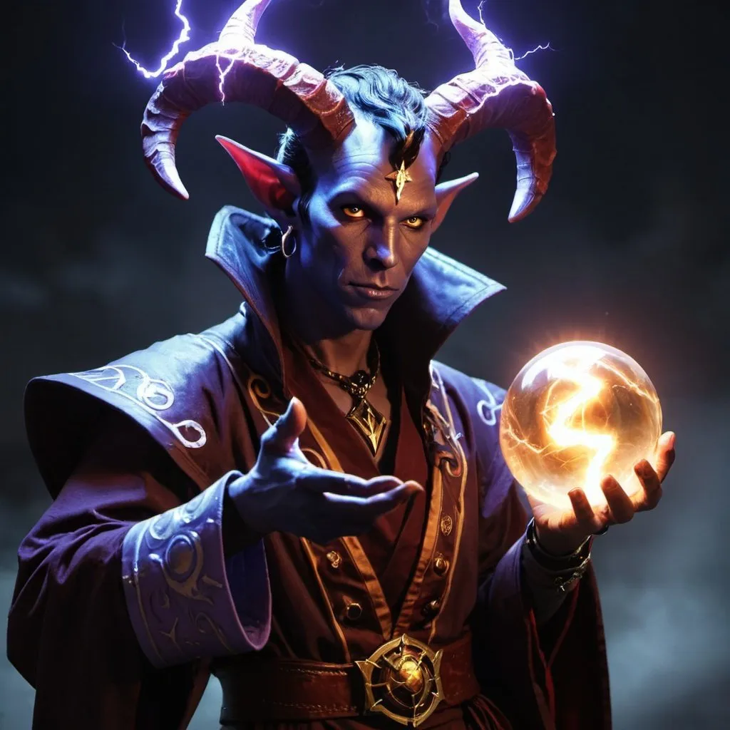 Prompt: tiefling warlock holding a lightning ball in his hand