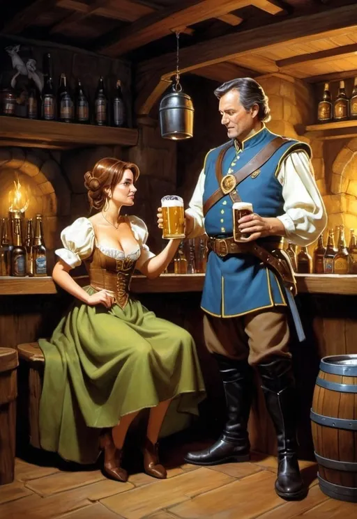 Prompt: Paul Kidby-style Discworld illustration of a scantly clad serving wench with short brown hair serving beer to commander Sam Vimes in a taven  dark lighting, muted tones