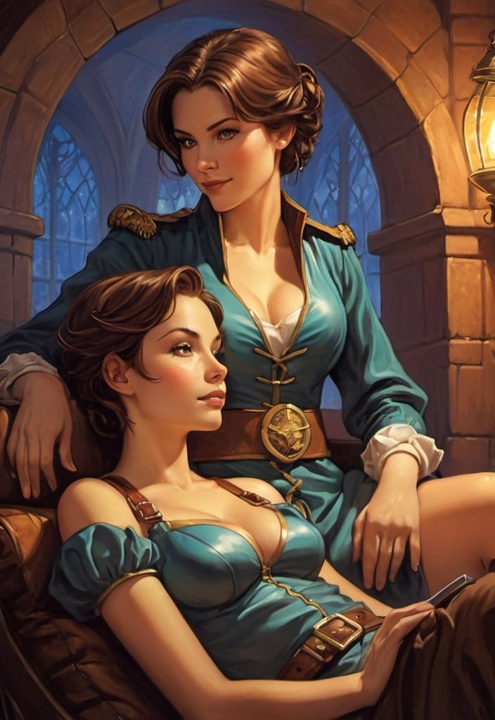 Prompt: scantly clad girl with short brown hair sitting on watch commander Sam Vimes' lap in a taven   Paul Kidby-style Discworld illustration