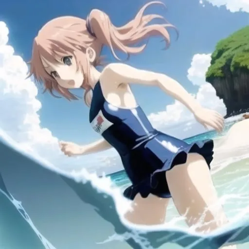 Prompt: Anime girl swimming at beach