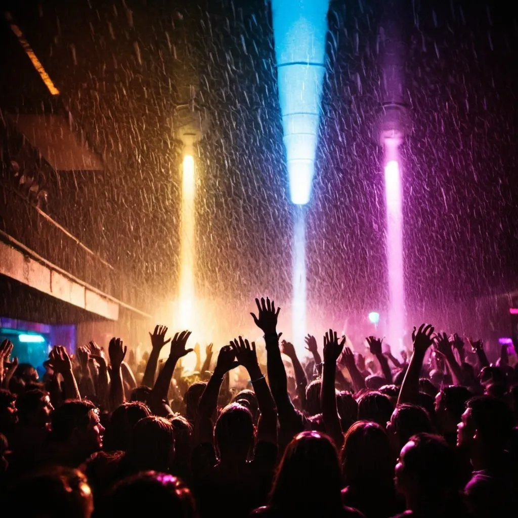 Prompt: club lights colors rain crowd