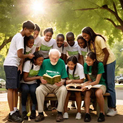 Prompt: A group of young members from an non profit organisation providing assistance to an elderly man 