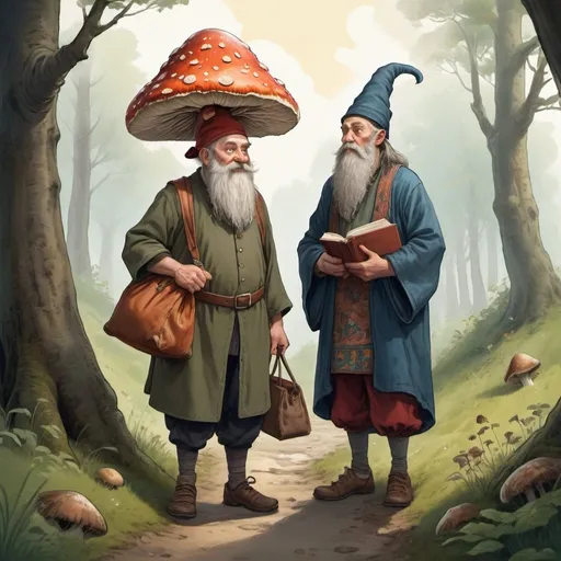 Prompt: 
A tall man, wearing oriental clothes, with a funny hat, accompanied by a dwarf and a large bag of books is looking for a place to stay. He meets the Welsh boy who was picking mushrooms.