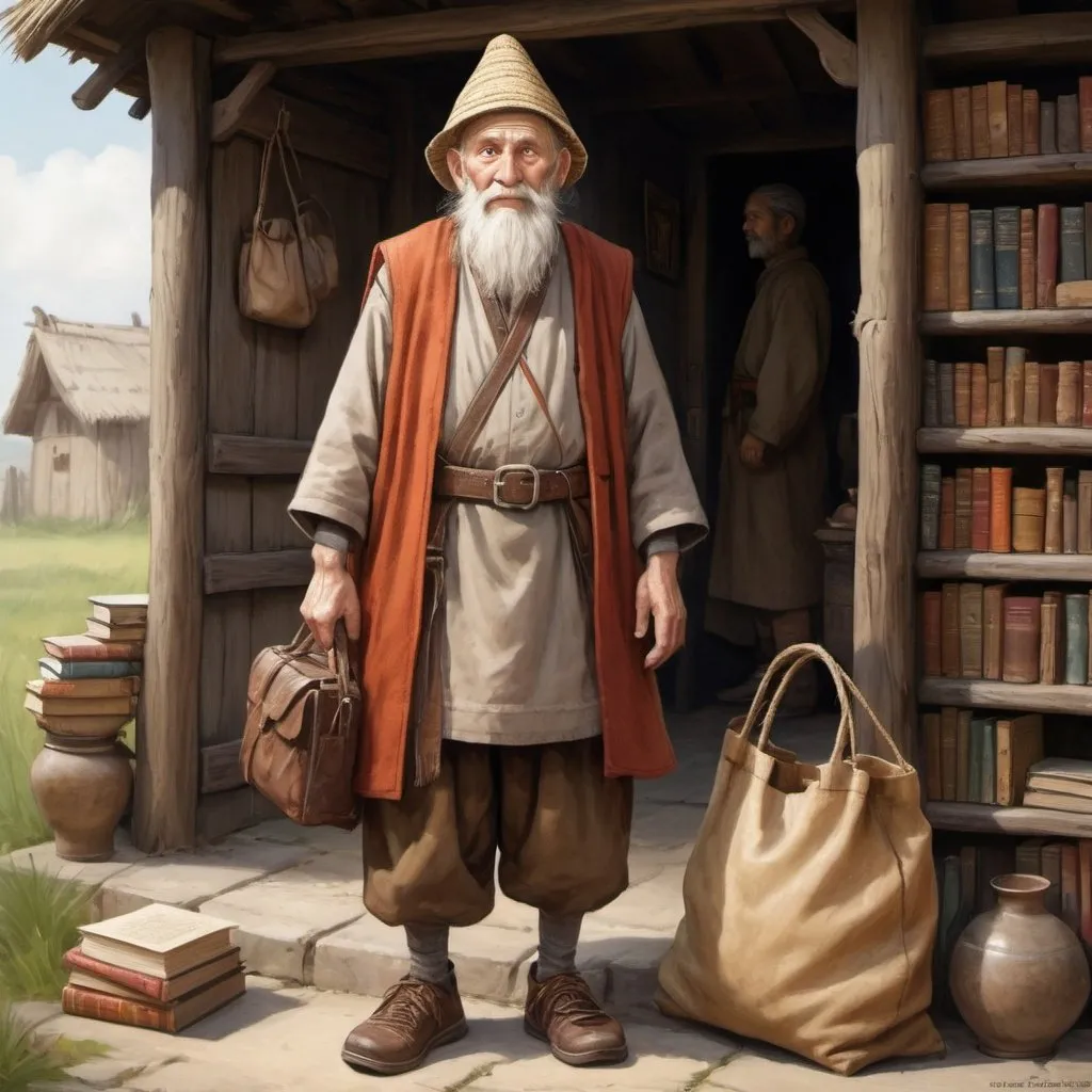 Prompt: 
A tall old man, wearing oriental clothes, with a funny hat, accompanied by a dwarf and a large bag of books is looking for a place to stay when he meets Imagine a boy of about 10 to 12 years old, with sun-tanned skin, slightly disheveled brown or blond hair, wearing a tunic and coarsely woven pants, with a simple cloak for colder days. His shoes are worn leather, and he can carry a small belt with a utility knife. His eyes are attentive and curious, reflecting a life of hard work, but also of games and discoveries in the field. He invited him to his house.