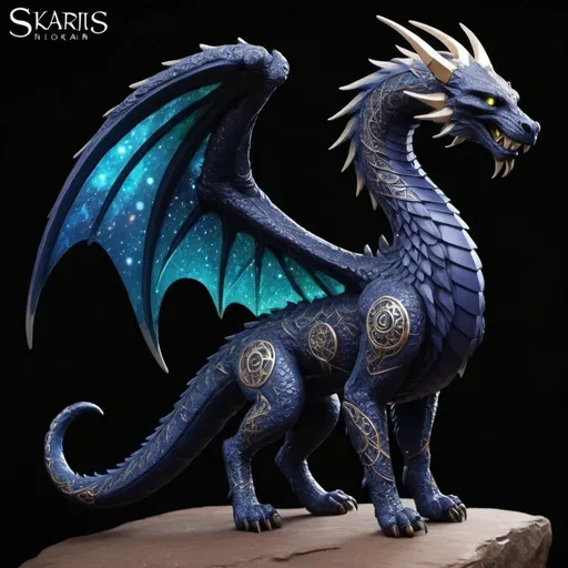 Prompt: Skarithos has a serpentine body of majestic proportions, with scales that glow deep blue and dark purple in the sunlight.  Each scale is marked by subtle patterns that resemble constellations in the night sky, giving it a celestial and mysterious appearance. Head: Its head is sculpted like that of a dragon, with bony ridges running along its powerful jaw.  Skarithos's eyes are an incandescent green, emanating an intensity that captures the essence of his ancient wisdom.Wings: Skarithos's wings are impressive, with a wingspan that spans several meters.  Made of thin, durable membranes, his wings are adorned with intricate patterns that appear to reflect the galaxy in miniature as he flies. Tail: Skarithos's tail is long and flexible, ending in a sharp point that can be used as a formidable weapon in combat.  Each segment of the tail is flexible and agile, allowing quick and precise movements. Paws: Its paws are robust and muscular, with sharp claws that provide a firm grip on steep mountain rocks.  Each claw is decorated with ancient runes, engraved with magical purposes that strengthen your connection to earth and sky.