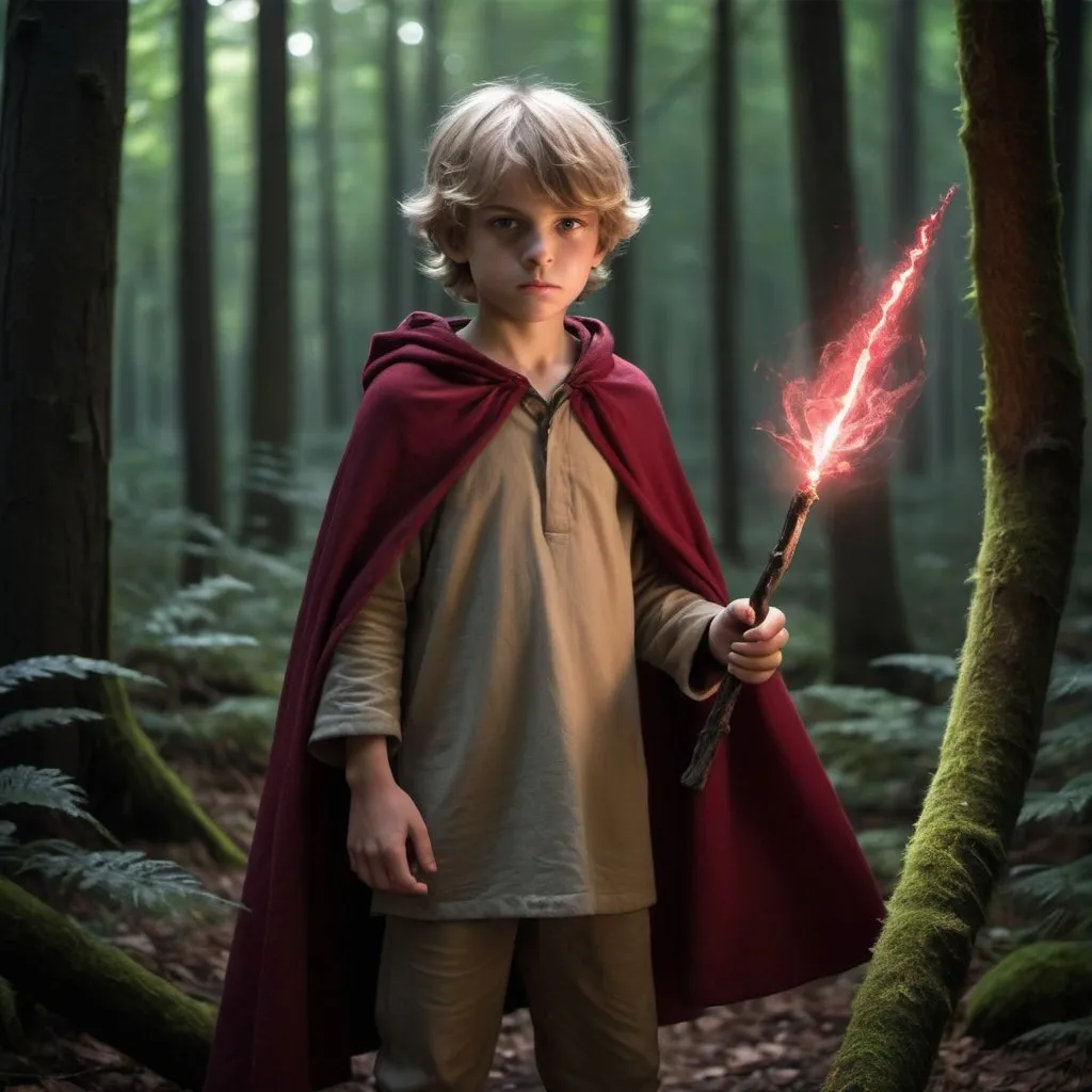 Prompt: Imagine a boy of about 14, with sun-tanned skin, slightly disheveled brown or blond hair, wearing a coarse tunic and trousers, with a simple cloak for colder days. He is holding a wand that he made himself, in the middle of the forest in deep darkness, where deformed monsters surround him to devour him, but he uses his wand with a shining ruby ​​to defend himself from the forest monsters, his look is full of an intensity, anger and hatred.