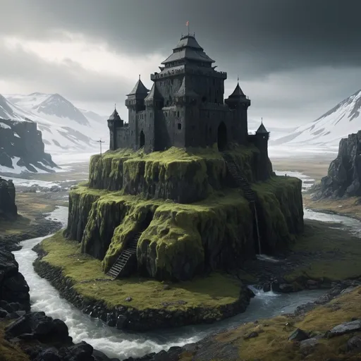 Prompt: A 30 meter high fortress abandoned in the middle of a tundra with geysers, made of black stone covered in moss. It is surrounded by a dark river with magical creatures such as sea serpents, has ruined watchtowers, high battlements, and 20 meter high gates made of reinforced wood. The castle has a 750 square meter courtyard to house the Emperor's entire army, which is prominently mounted in front of his men.
